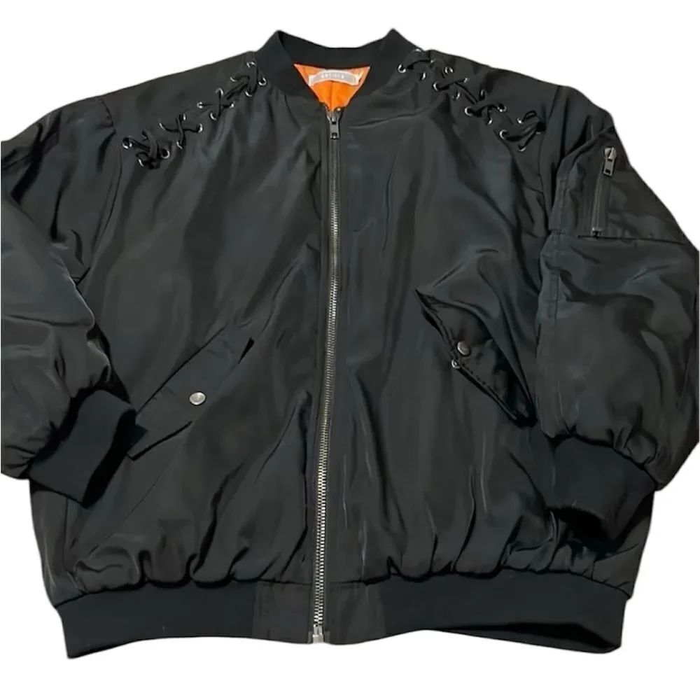 Article size M black with orange lining zip front bomber jacket EUC